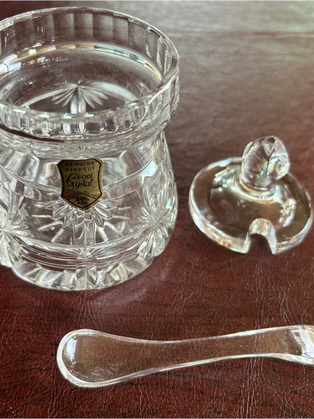 Hand-Cut Clear Lead Crystal Jam Jar with Spoon - Genuine Lead Crystal